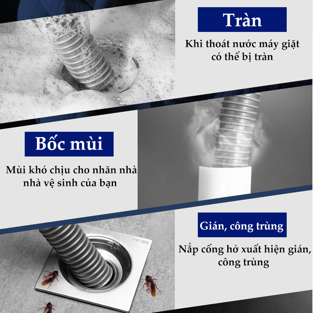 Bộ thoát nước máy giặt, chậu rửa, thoát nước thải kiêm chống mùi hôi, ngăn côn trùng trào ngược, cổ xoay 360 độ, loại đứng có khe 2 đường thoát Minh House