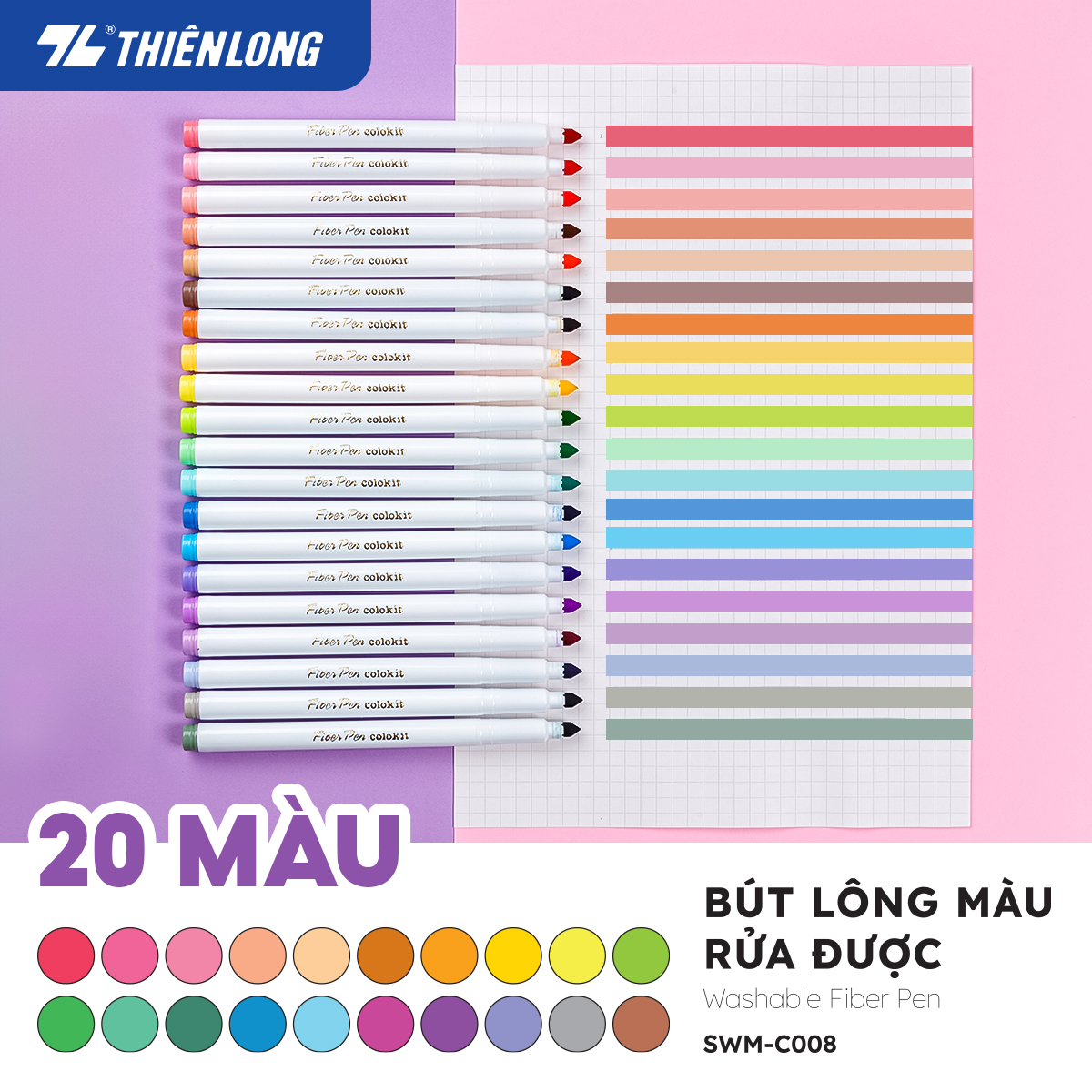 Bút lông màu Fiber Pen 20 màu Pastel Thiên Long Colokit rửa được an toàn sử dụng tô màu, vẽ tranh, calligraphy SWM-C008