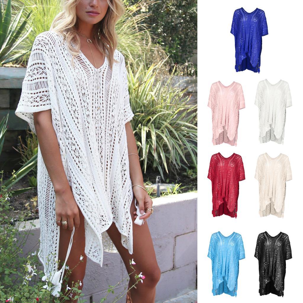 Womens V-Neck Swimwear Hollow Out Swimsuit Cover Up Knitted Beach Dresses