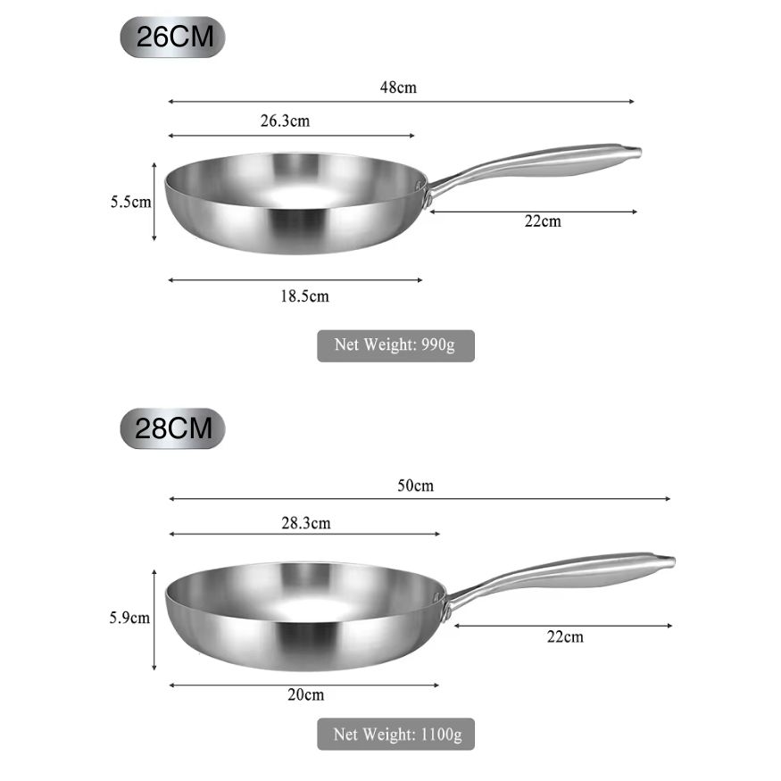 Chảo Inox đáy từ 3 Lớp Mishio (Size 22, 24, 26, 28, 30cm) Đúc Nguyên Khối, Đáy Từ, An Toàn Vượt Trội - hàng chính hãng