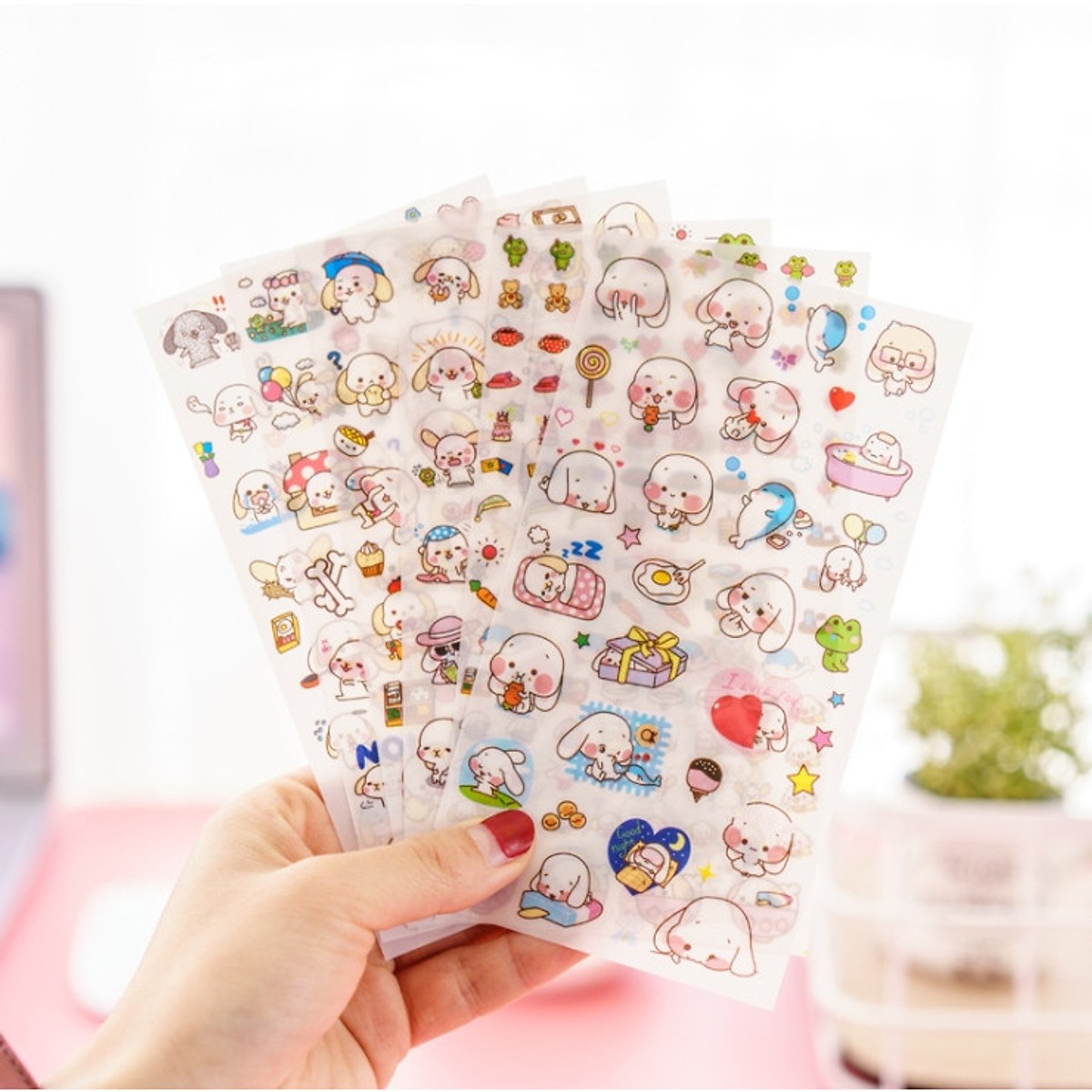 Combo 6 Tấm Sticker Trang Trí Deco Chú Thỏ Tai Cụp Dễ Thương