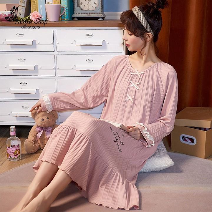 Váy ngủ mặc nhà mùa đông đầm ngủ dài tay sexy dễ thương vải Cotton sợi bông mềm mịn, thoáng khí, thấm mồ hôi (VD175