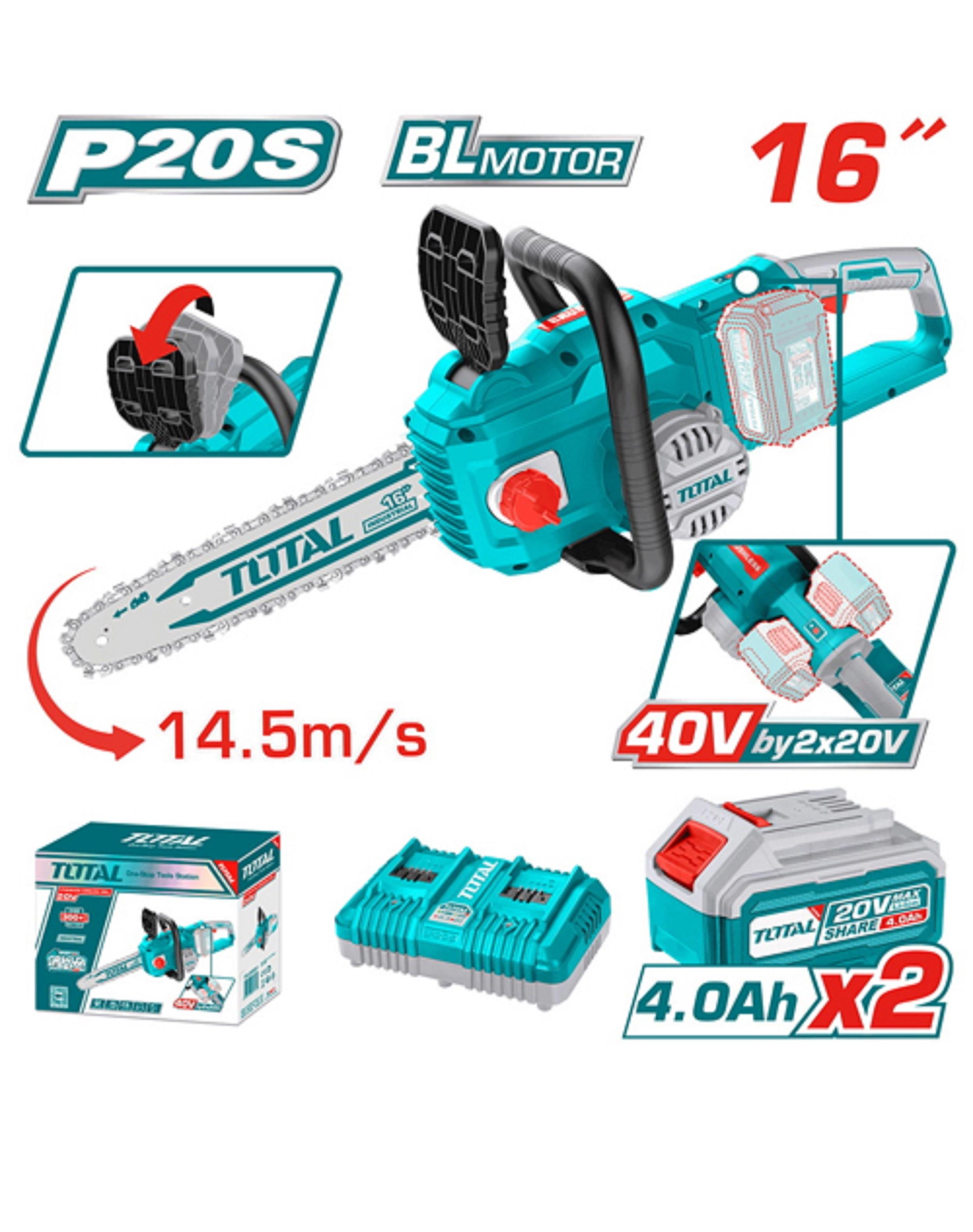 MÁY CƯA XÍCH KHÔNG CHỔI THAN DÙNG PIN 40V  (1 pin 4.0AH +sạc kép ) TOTAL TGSLI401682 - HÀNG CHÍNH HÃNG
