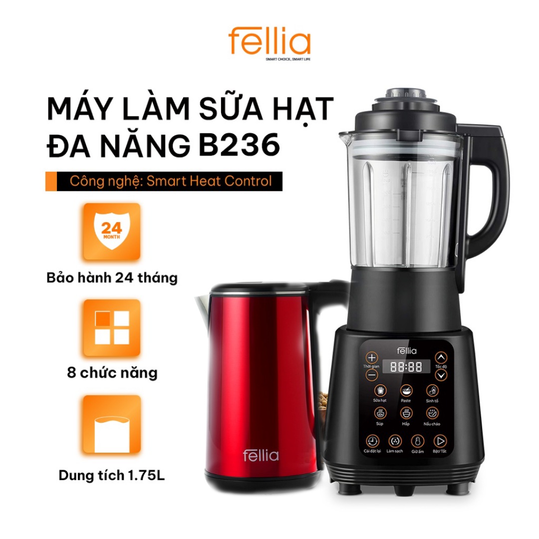 COMBO Máy làm sữa hạt đa năng Fellia B236 + Ấm Siêu Tốc Fellia - Bảo hành 24 tháng-Hàng Chính Hãng