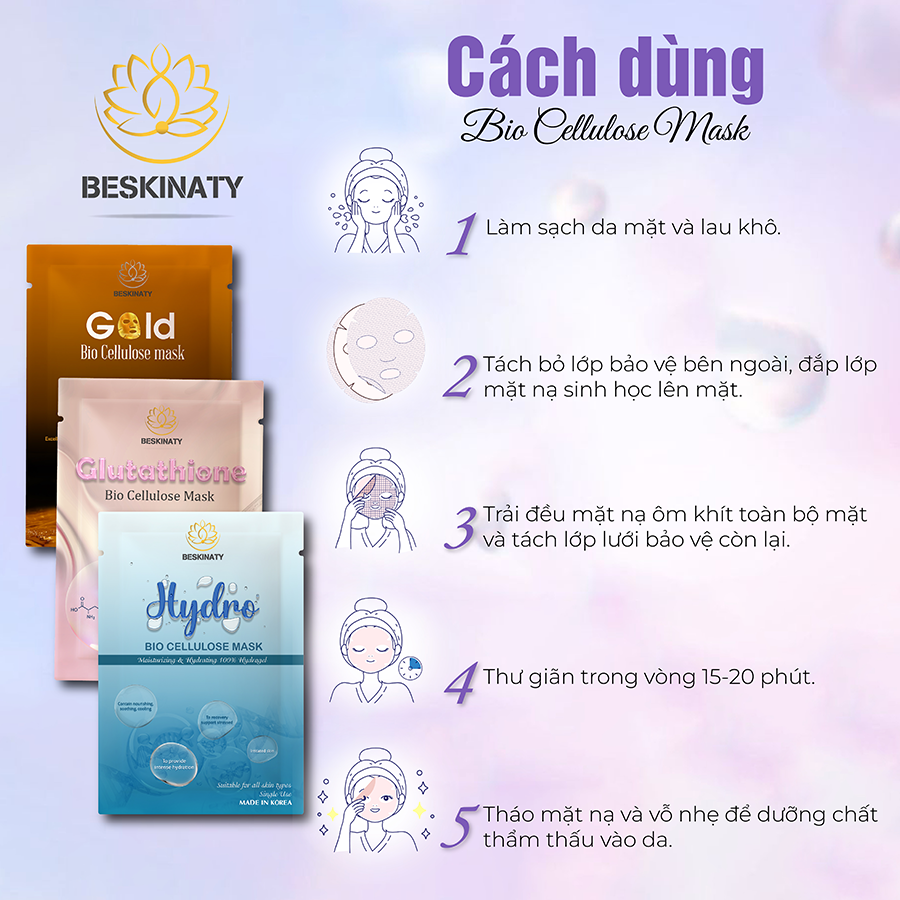 COMBO 3 MẶT NẠ DƯỠNG TRẮNG DA GLUTATHIONE BIO CELLULOSE MASK &amp; BỘ KEM DƯỠNG BESKINATY