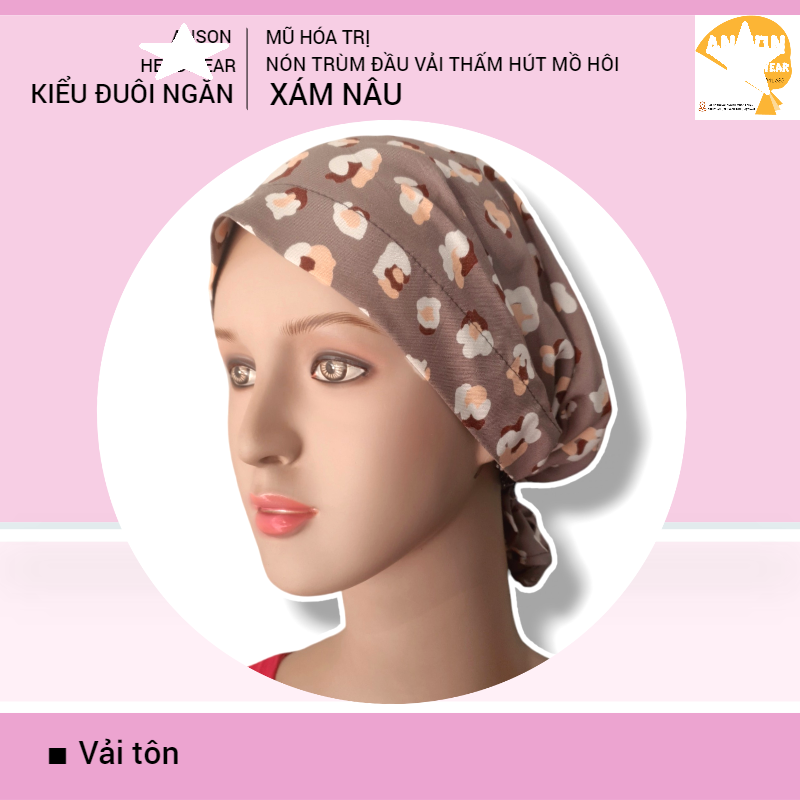 Nón hóa trị vải mềm mát, hút mồ hôi, bệnh nhân ung thư, chemo hat, nón trùm đầu [KIỂU ĐUÔI NGẮN-XÁM NÂU]