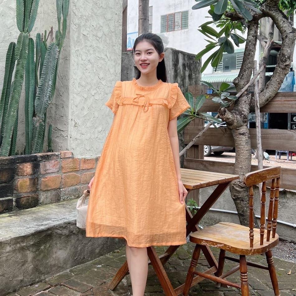 Đầm bầu tơ bèo quanh ngực đính nơ phom suông xinh xắn, đáng yêu - Xanh bơ