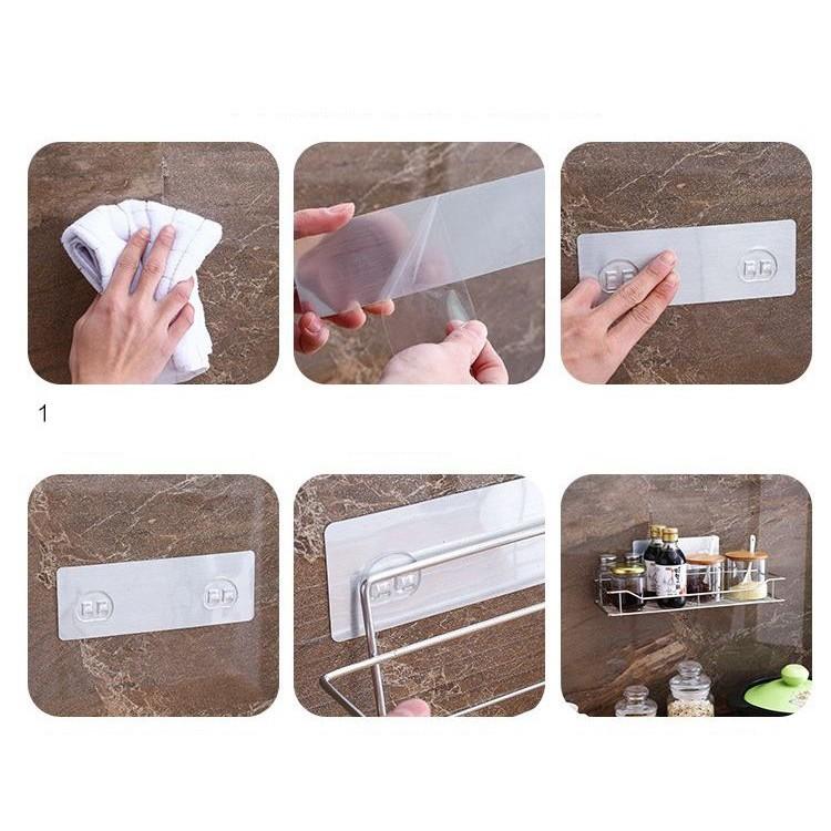Kệ Gia Vị Inox 304 Hàng Cao Cấp Dán Tường Không Khoan Đục, Kệ Đựng Đồ Nhà Tắm Nhà Bếp Kèm Giá Móc Treo Khăn