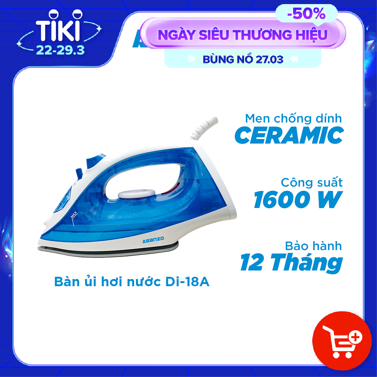 Bàn Ủi Hơi Nước 1600W Asanzo DI18A - Hàng Chính Hãng