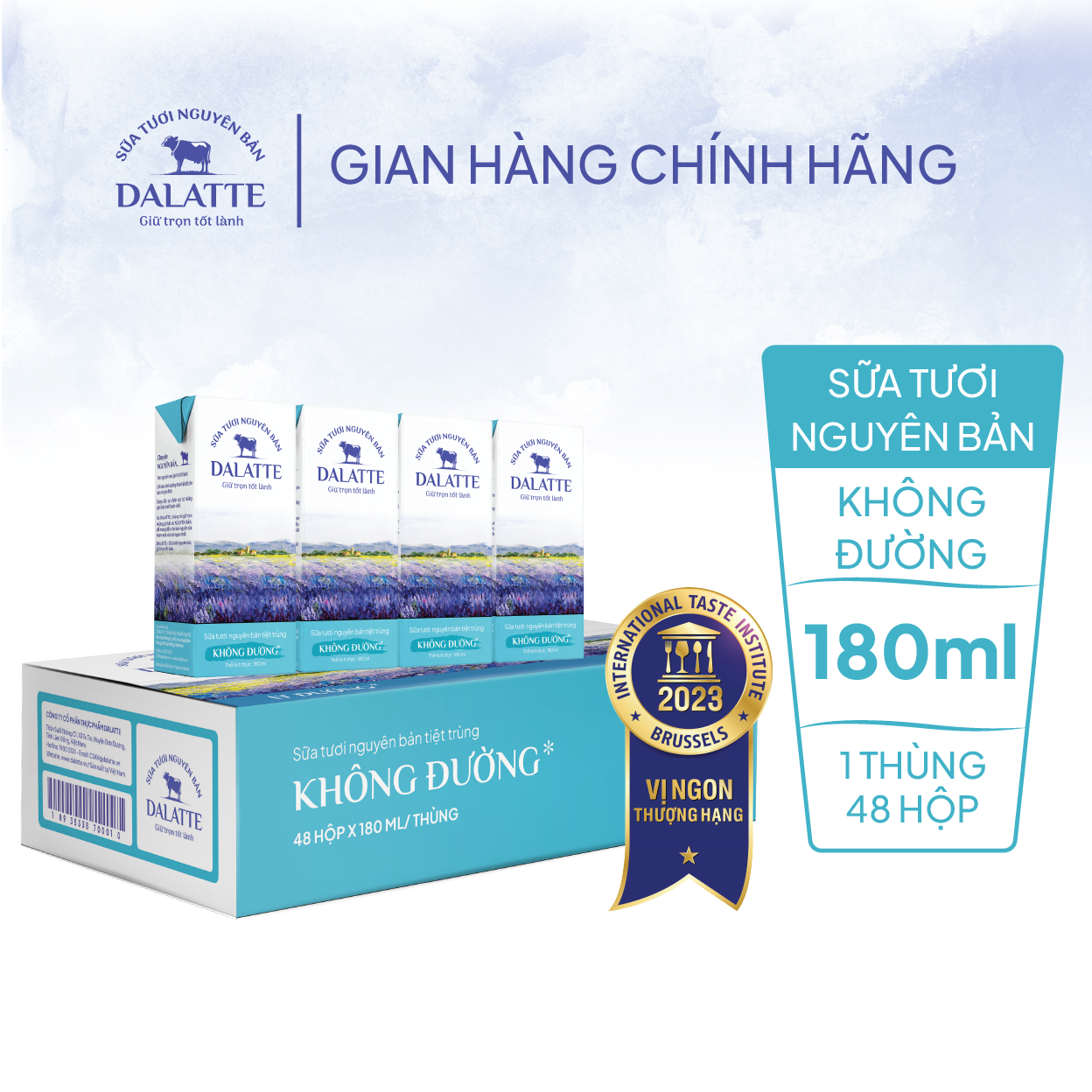 Thùng 48 hộp DALATTE 180ml SỮA TƯƠI NGUYÊN BẢN tiệt trùng - Không đường - Giữ trọn nguyên bản, trao trọn tốt lành
