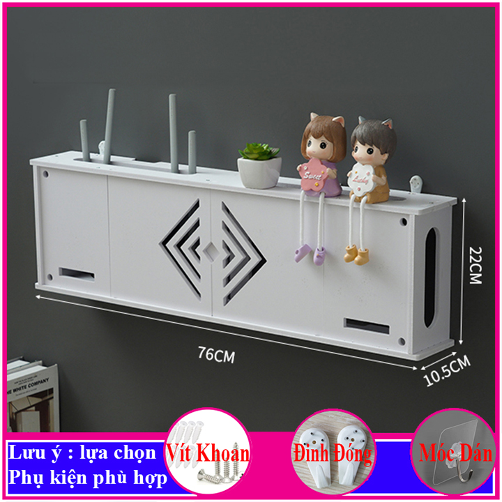 Kệ treo tường trang trí không cần khoan, chất liệu gỗ nhựa cao cấp màu trắng, đặt modem wifi - a13