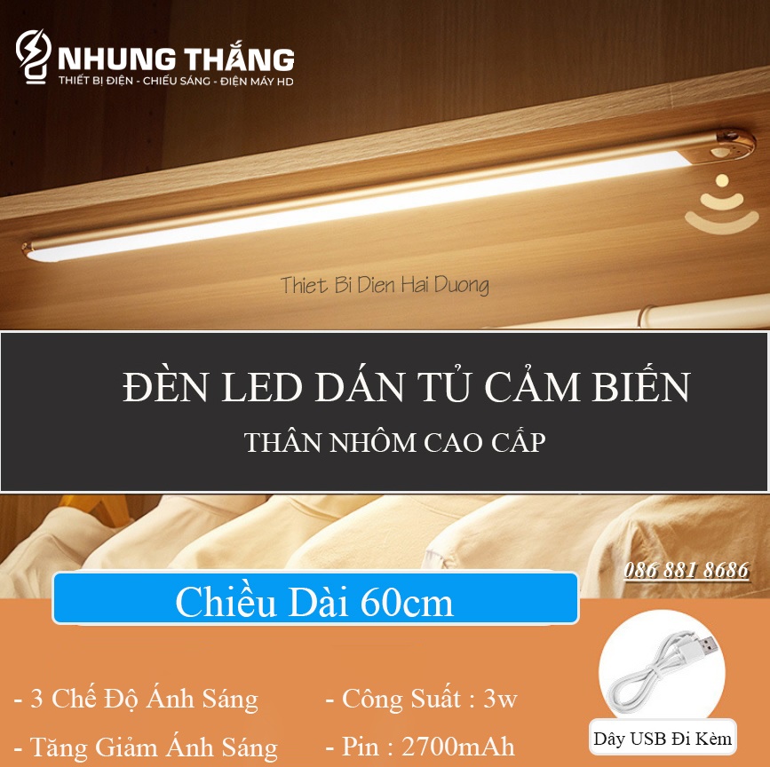 Đèn Led Dán Tủ Cảm Biến Thân Nhôm Cao Cấp WH-L01-GY - 60-80cm- 3 Chế Độ Ánh Sáng - Tăng Giảm Ánh Sáng -Pin Sạc Tích Điện - Có Video