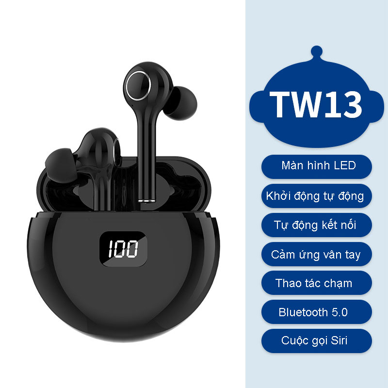 Tai nghe Bluetooth TW13 - Tai nghe True Wireless không dây - Cảm ứng vân tay - Chống nước - Chống ồn - Âm thanh HiFi - Dock sạc LED báo pin