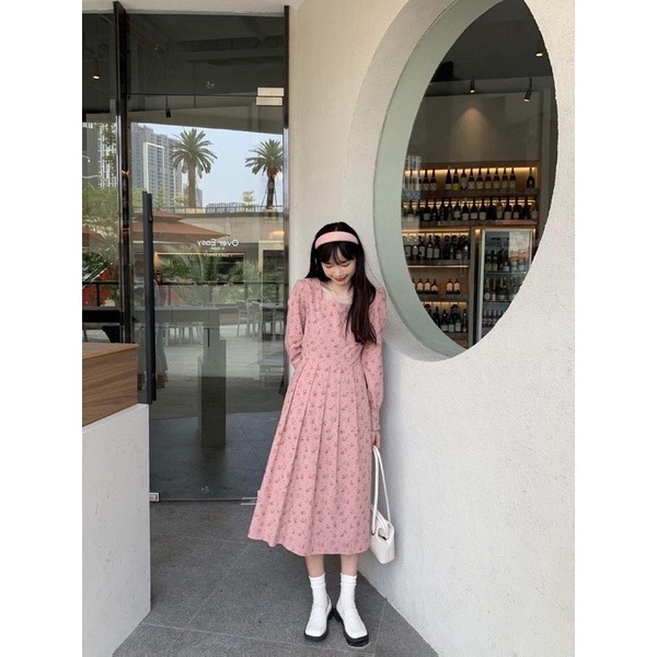 Đầm nhung hoa nhí cổ vuông vintage hàn quốc - váy babydoll nhung tiểu thư
