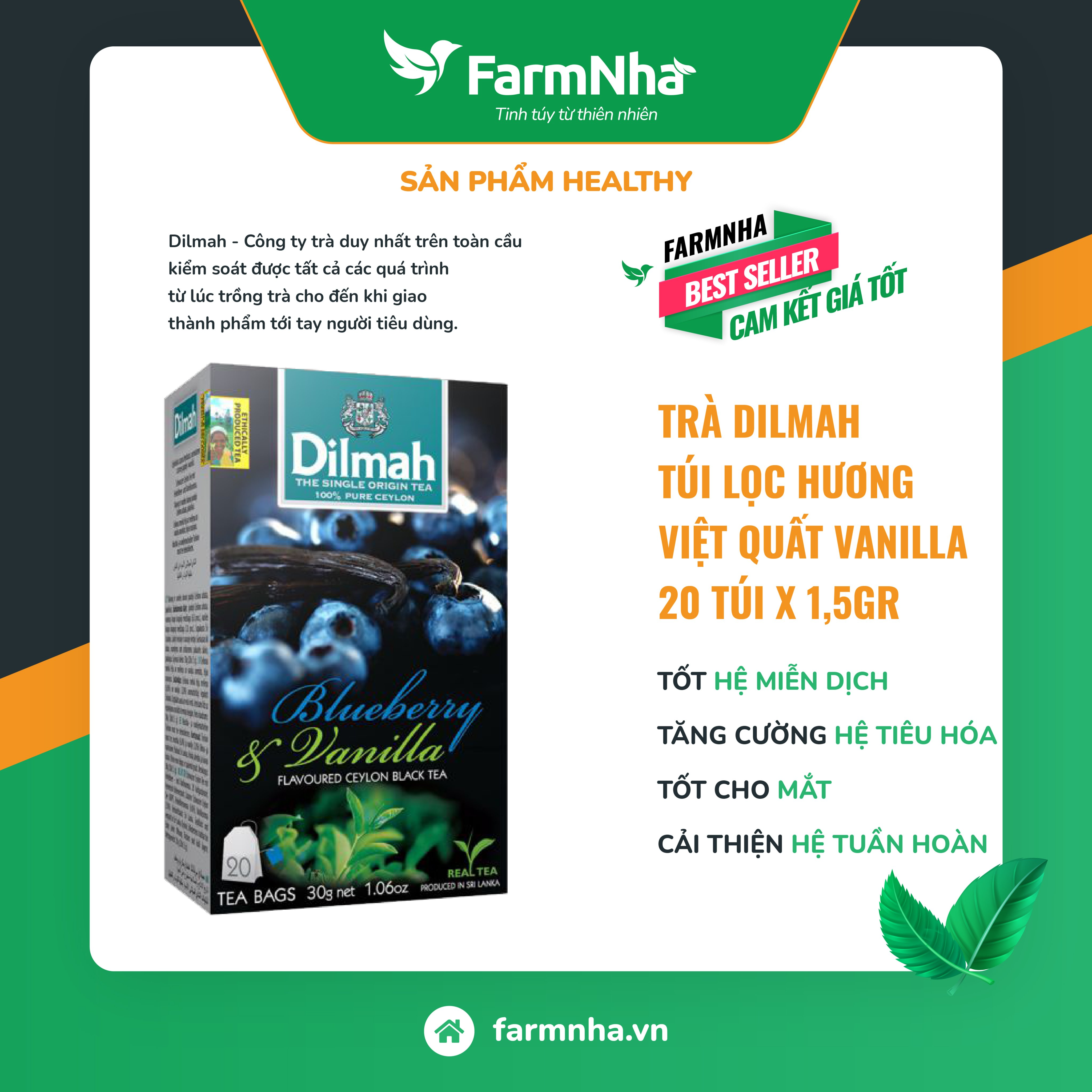 Trà Dilmah Blueberry & Vanilla túi lọc 30g 20 túi x 1.5g - Tinh hoa trà Sri Lanka