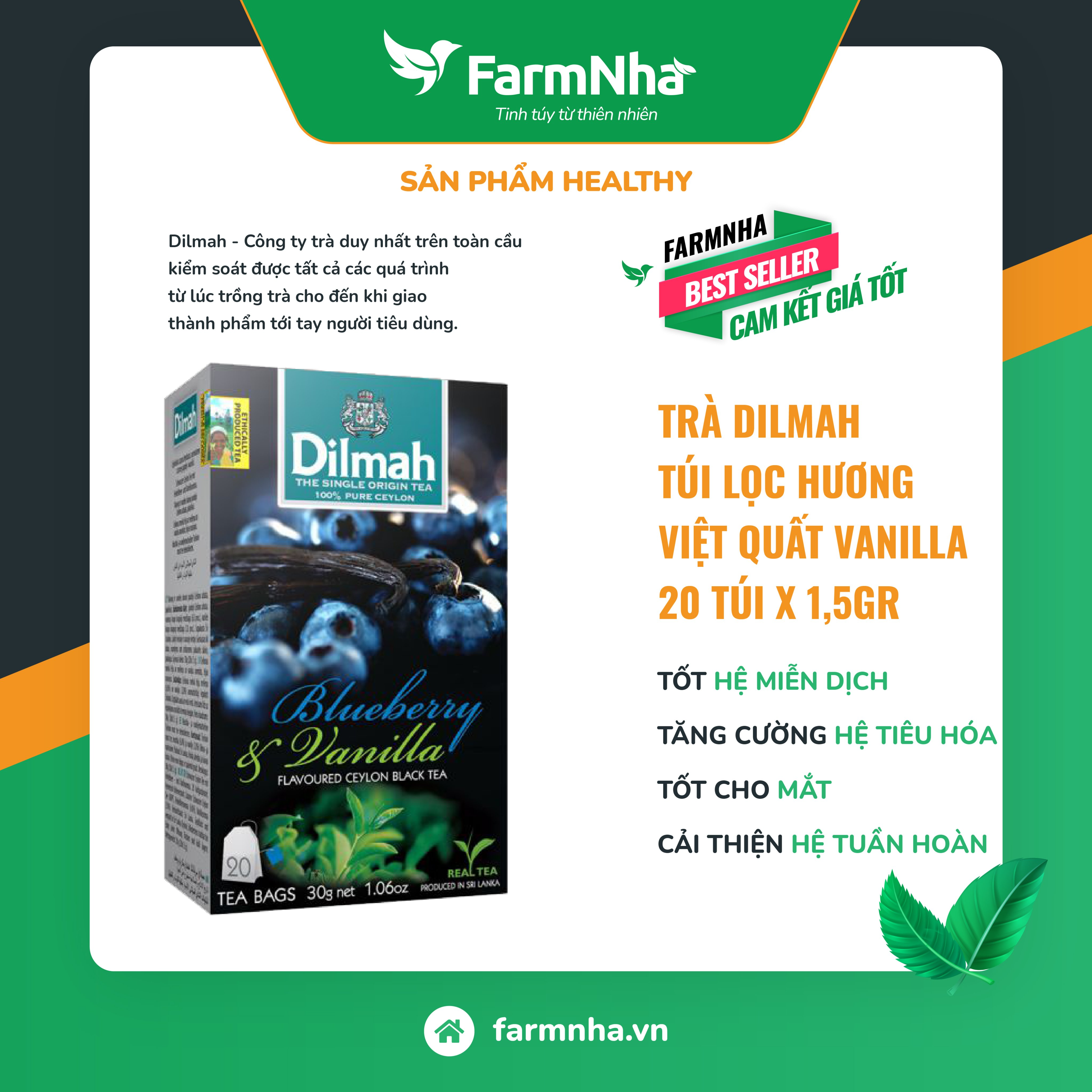 Trà Dilmah Blueberry & Vanilla (Hương việt quất & vanilla) túi lọc 30g 20 túi x 1.5g - Tinh hoa trà Sri Lanka