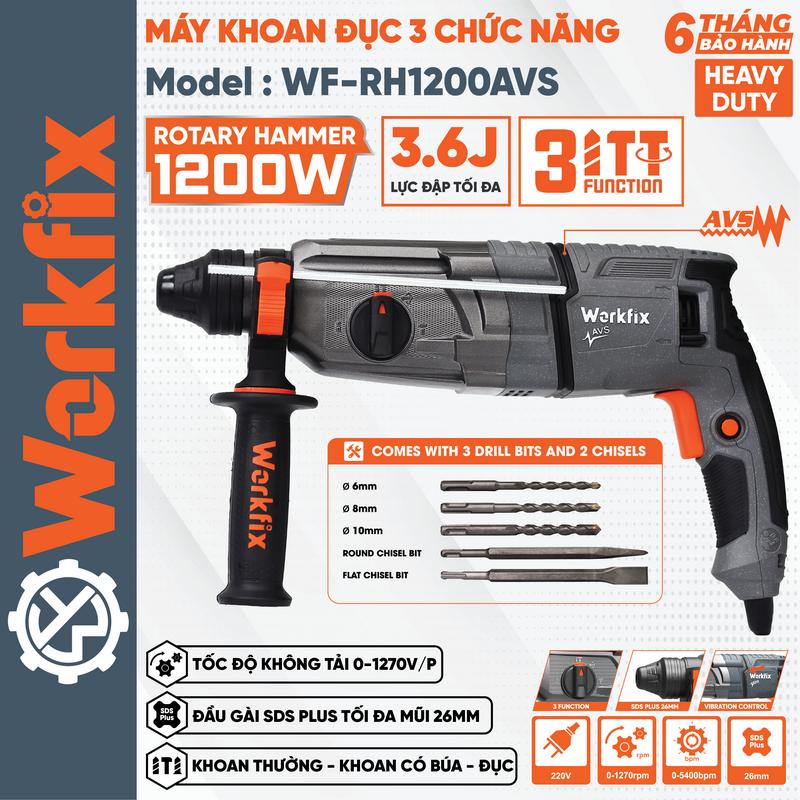 Máy Khoan Đục Bê Tông 3 Chức Năng Dùng Điện 220V Workfix - WF-RH1200AVS - Công Suất 1200W - Có Giảm Rung AVS - Động Cơ Từ Lõi Đồng Bao Khỏe, Bao bền bỉ