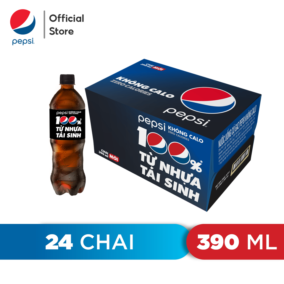 Thùng 24 Chai Nước Ngọt Có Gas Pepsi không calo (390ml / Chai)