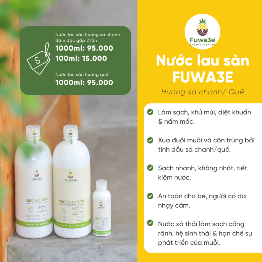 Nước lau sàn Fuwa3e hữu cơ organic sả chanh khử mùi đuổi muỗi kiến diệt nấm mốc 100ml
