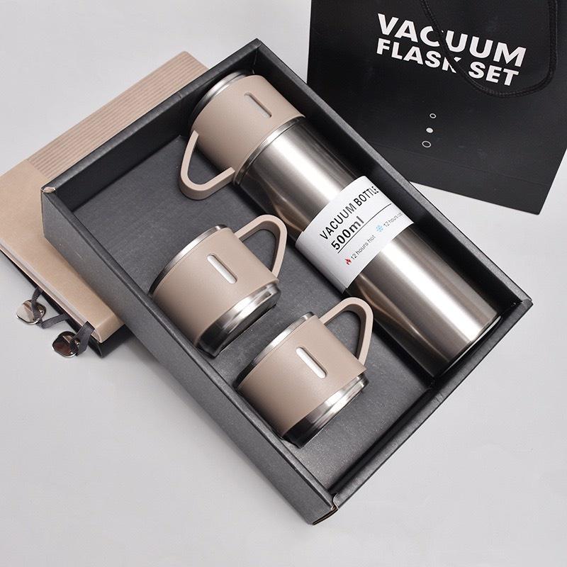 Bình Giữ Nhiệt Cao Cấp 500ML Lõi Inox 304 Tặng Kèm 2 Cốc Cách Nhiệt, Fullbox Làm Quà Tặng Sang Trọng