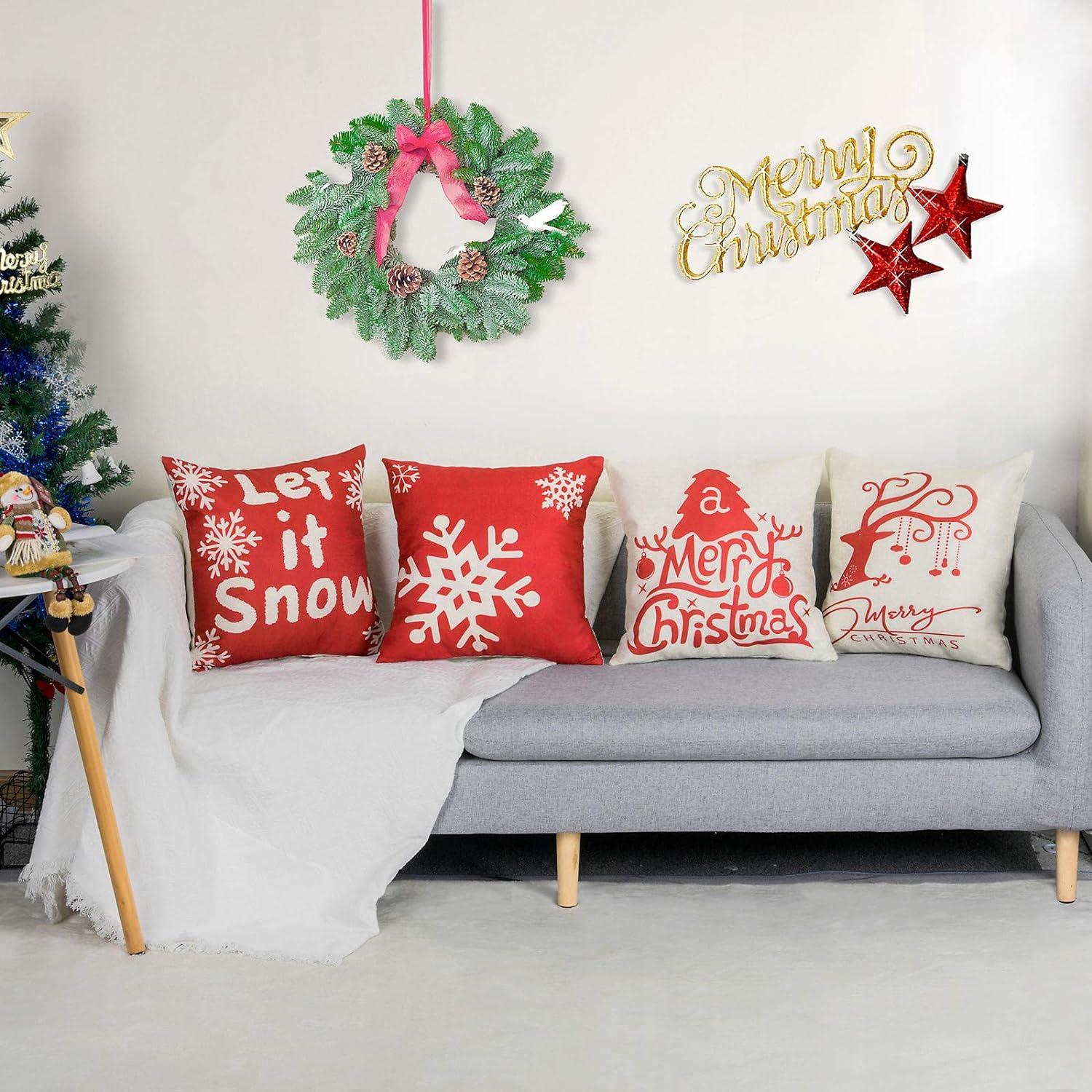 Gối vỏ, lô 4 bằng bông và vải lanh Giáng sinh in đệm vuông đệm cho giường sofa 45 x 45 cm