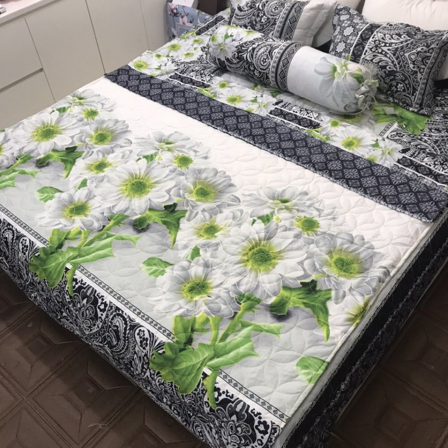 Set 5 món chăn hè ga chun Cotton Poly - Hoa 3D - Tặng kèm 1 móc khóa Houston