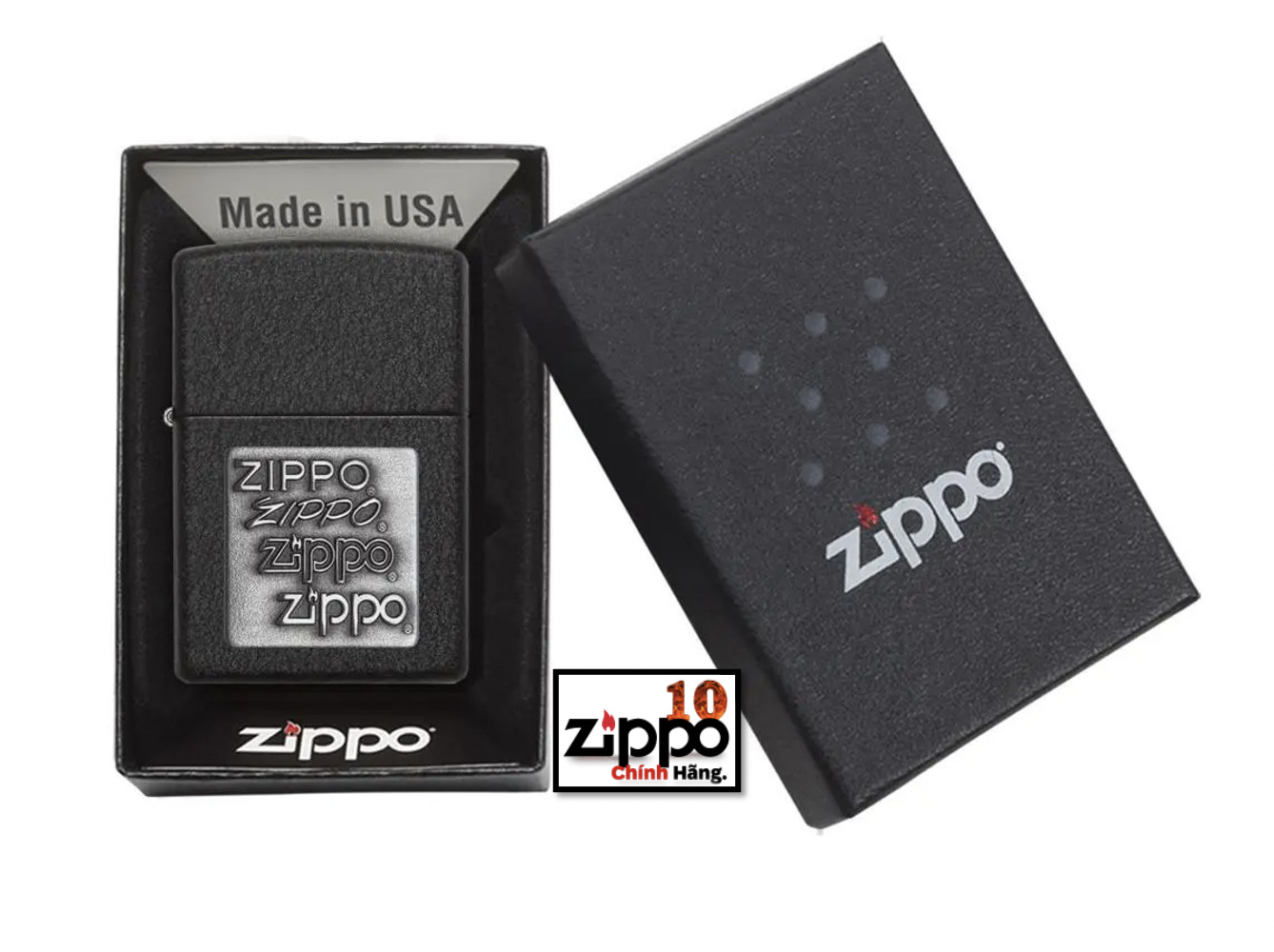 Bật lửa ZIPPO 363 Pewter Emblem (ốp xám)/362 Black Crackle (ốp vàng) - Chính Hãng 100