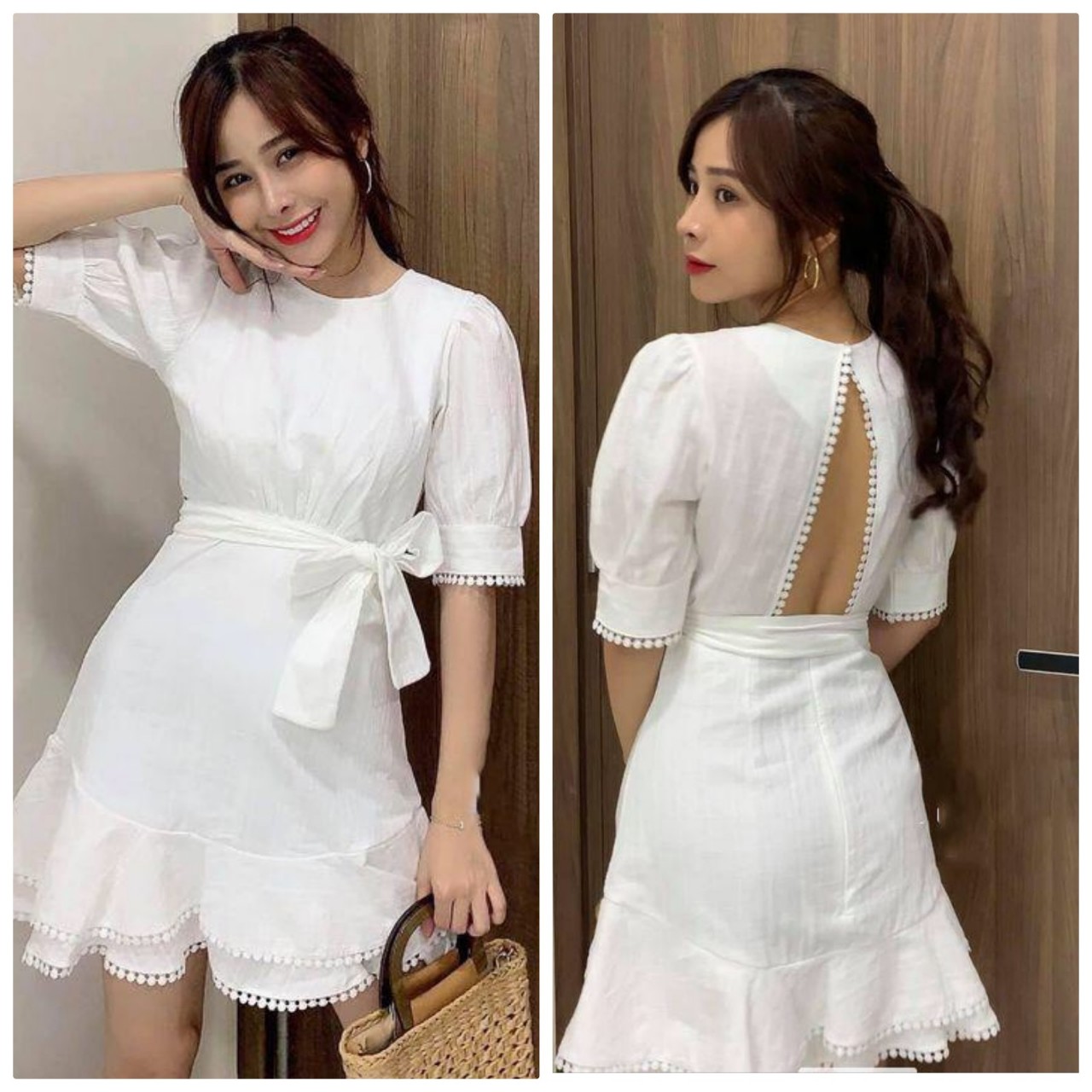 Đầm xòe bèo hở lưng phối ren xinh xinh NT8266