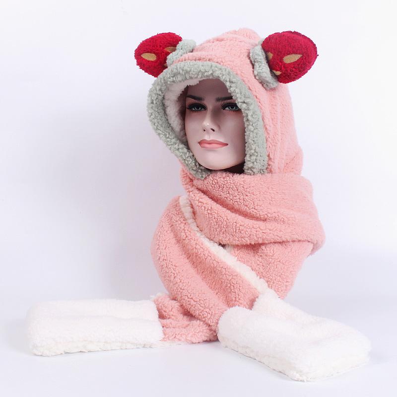Hoạt Hình Sang Trọng Động Vật Lông Thú Giả Full Hood Dâu Nón Nữ Cô Gái Trẻ Em Trang Phục Bò Dài Khăn Găng Tay Hở Ngón Tay Bịt Tai