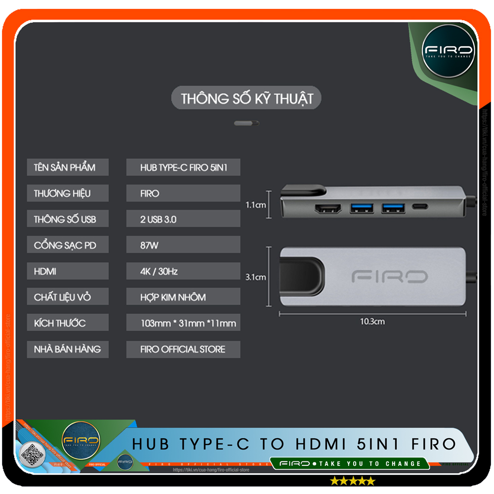 Hub Type-C To HDMI FIRO 5in1 Chuẩn HDTV - Hub Chuyển Đổi Type-C Chia 5 Cổng - 1 Cổng HDMI/HDTV 4K, 1 Cổng Mạng Lan, 2 Cổng USB 3.0, 1 Cổng Sạc Nhanh Type C PD - Kết Nối Tốc Độ Cao - Dùng Cho Smartphone/Laptop/PC/Tivi/Playstation – Hàng Chính Hãng