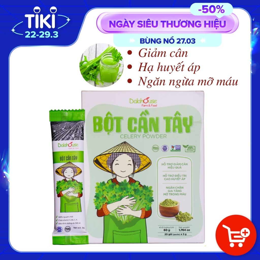 Bột cần tây hữu cơ nguyên chất sấy lạnh Dalahouse - Hộp 20 gói nhỏ 3gr định lượng sẵn cho 1 lần sử dụng - Hỗ trợ giảm cân, cao huyết áp, ngăn chặn gia tăng mỡ trong máu