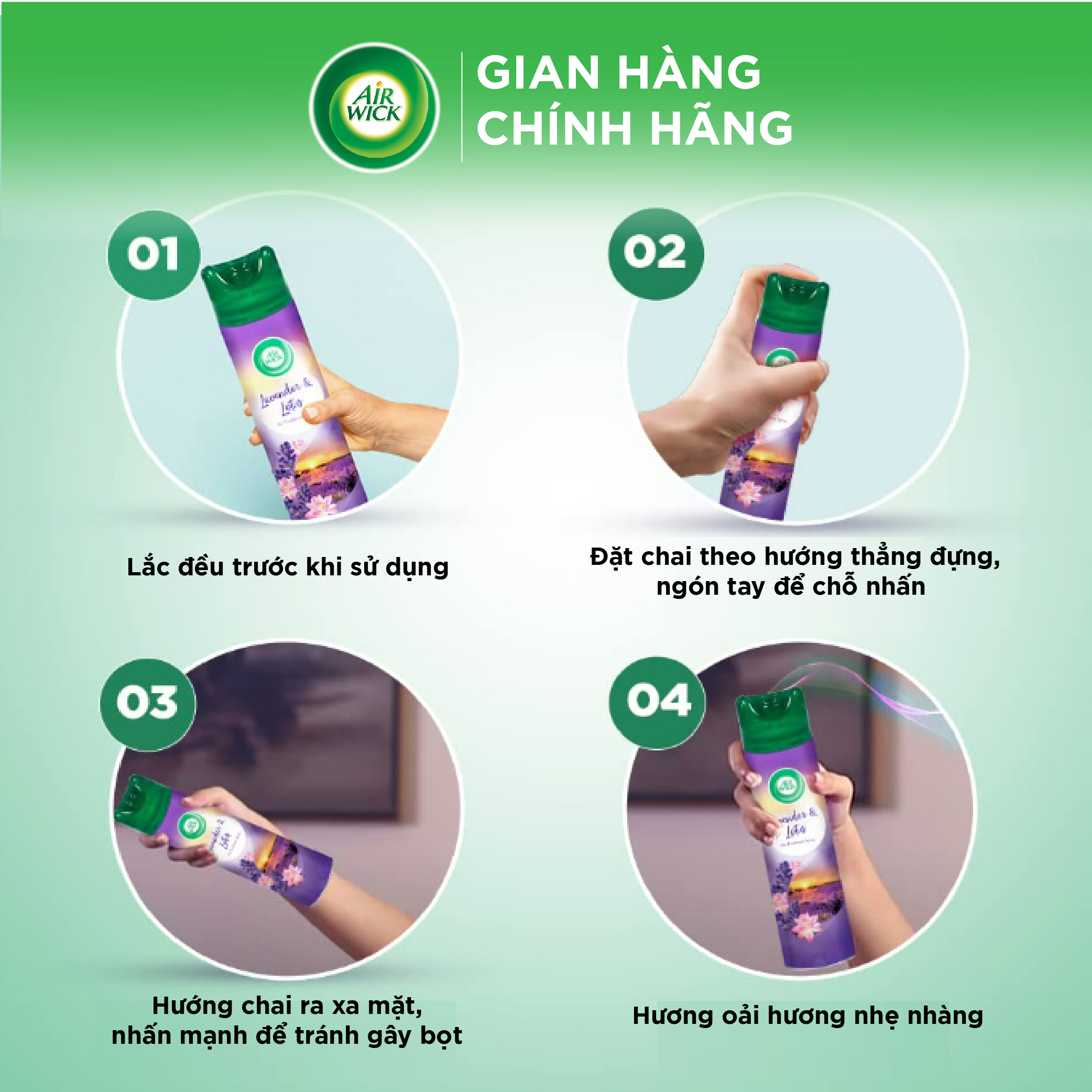 Chai xịt thơm phòng hương Lavender AIRWICK hương thơm dịu nhẹ, vòi xịt thông minh giúp tỏa hương dễ dàng 300ml