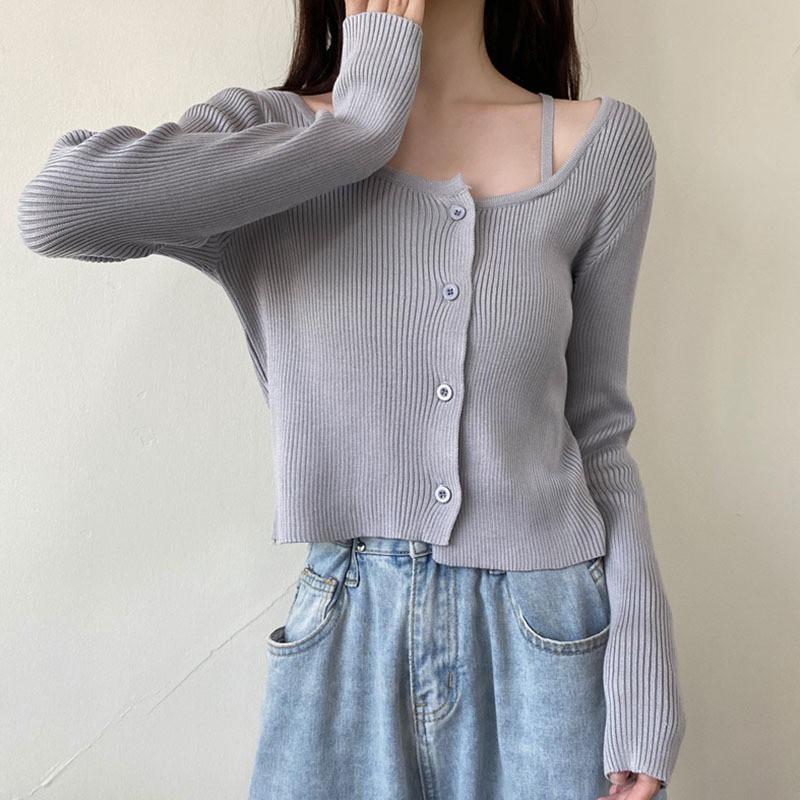 Áo Cardigan Dệt Kim Tay Dài Thiết Kế Lệch Vai Quyến Rũ Cho Nữ