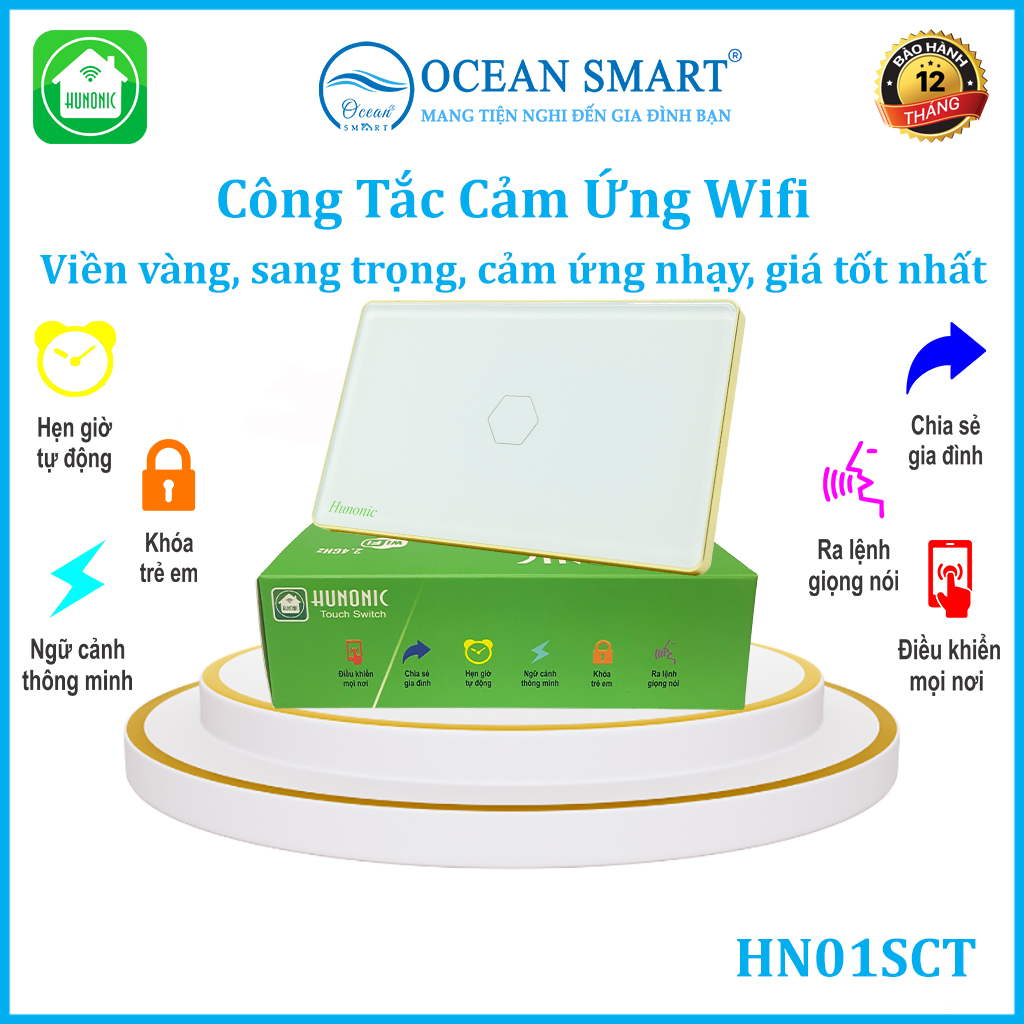 Công Tắc Cảm Ứng Thông Minh, Công Tắc Wifi HUNONIC Hình Chữ Nhật Có Viền - HNSC