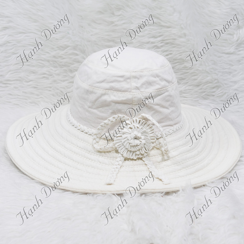 Mũ vải vành rộng 11cm gắn hoa và nơ thắt dạng tít, chất liệu vải cotton cao cấp - Hạnh Dương