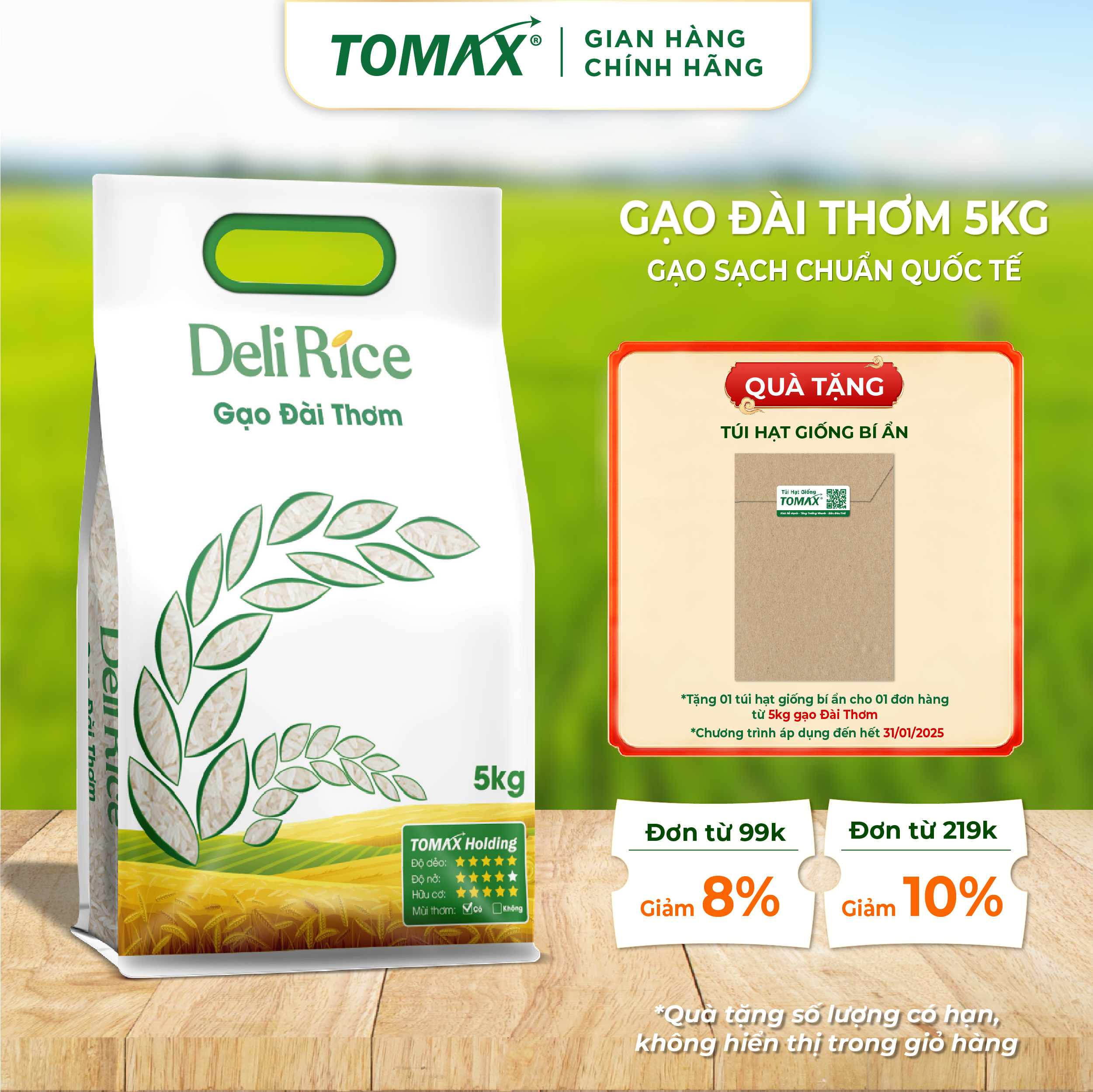 Gạo Đài Thơm TOMAX (5kg) - tơi xốp, dẻo cơm, thơm dịu