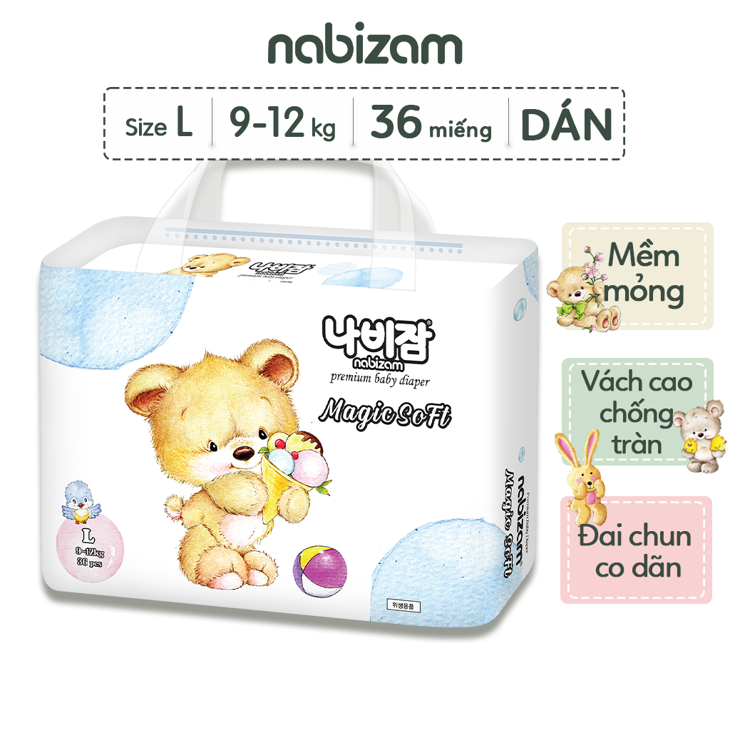 Tã/Bỉm Dán NABIZAM Magic Soft Nội Địa Hàn Mềm Mại, Mỏng Nhẹ, Thấm Hút Nhanh Size L Cho Bé Từ 9-12kg, 36 Miếng