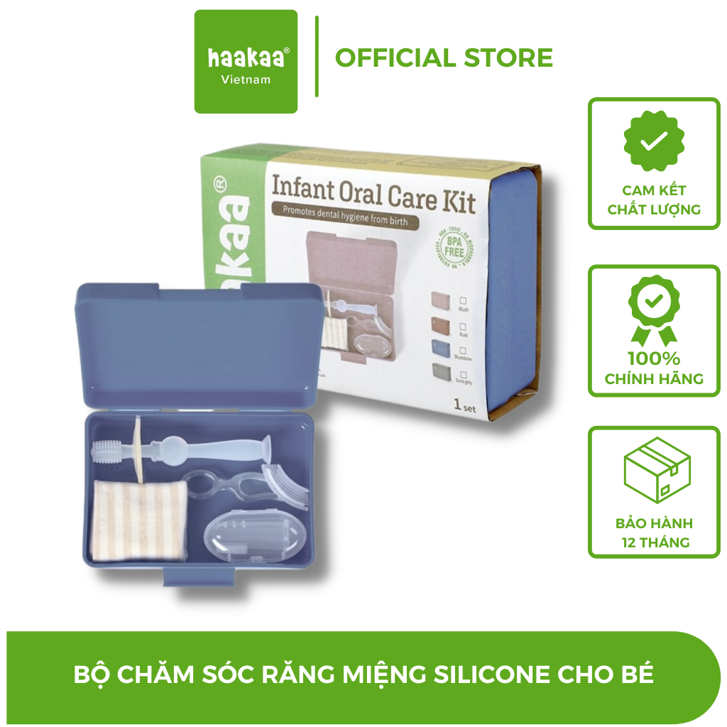 Bộ dụng cụ vệ sinh răng miệng cho bé Haakaa. Chất liệu silicone cao cấp, mềm mại. Không chứa BPA, PVC và phthalate