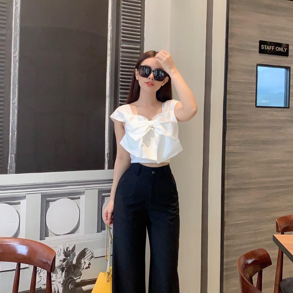 Áo crop cổ vuông nơ to