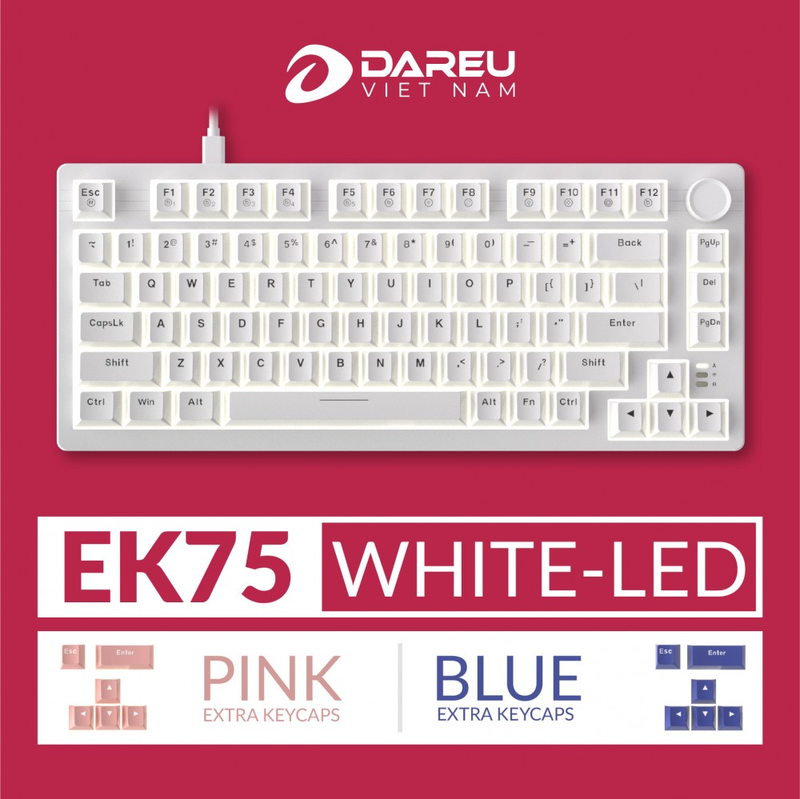 Bàn phím cơ Gaming DAREU EK75 WHITE (2 sides RGB strip, White Led, PBT Double Shot, DareU FIREFLY sw)- Hàng chính hãng