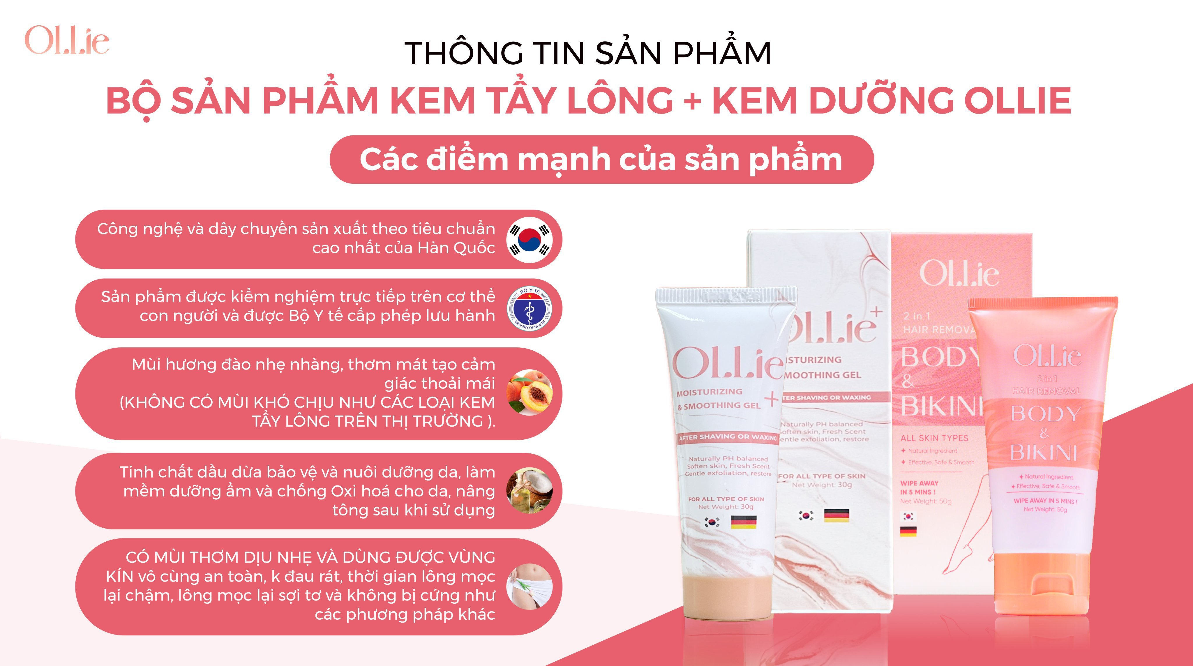 Kem tẩy lông OLLIE + gel dưỡng ngăn mọc lông OLLIE , tẩy lông bikini, nách, tay, chân, an toàn không đau rát dung tích 70ml