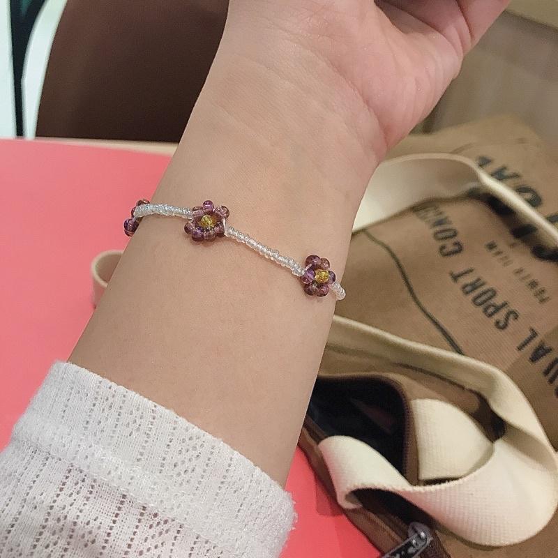 N150 bộ 3 Vòng tay handmade hạt cườm hoa Daisy màu tím măng cụt và dây hạt cườm lấp lánh xinh xắn