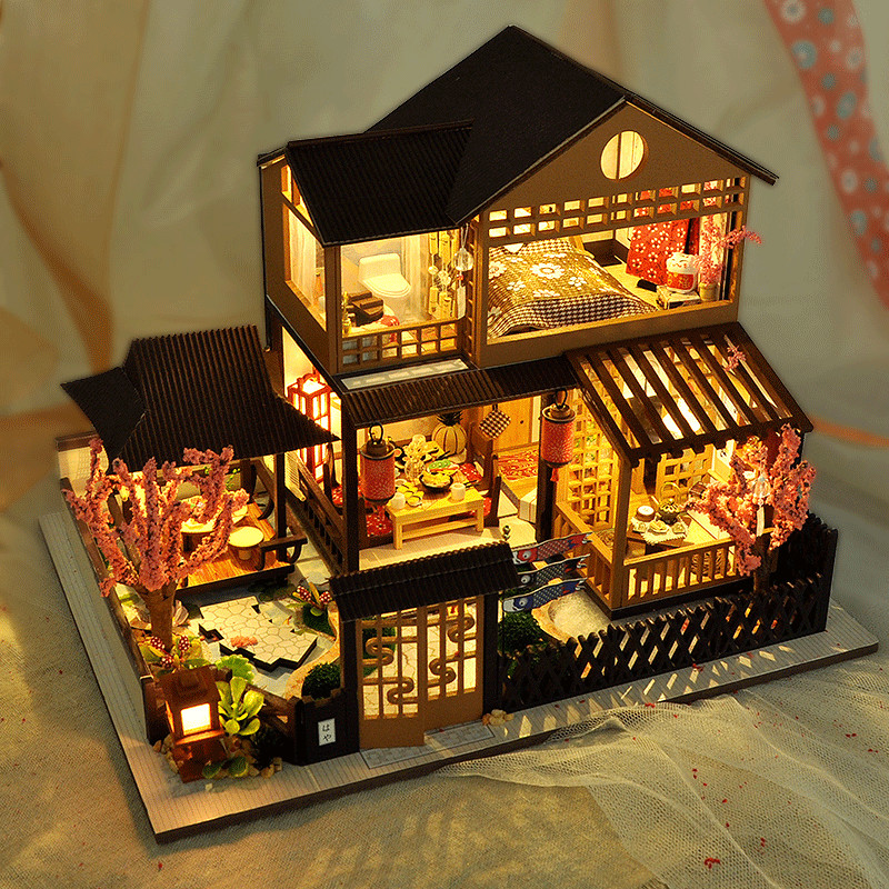 Mô hình nhà búp bê lắp ghép bằng gỗ Mẫu Sakura villa tặng kèm Cót Nhạc ,MICA chắn bụi, dụng cụ lắp ghép