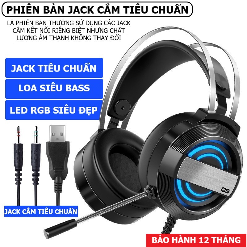 Tai nghe chụp tai máy tính GAMING XSmart MC Q9 có đèn LED đổi màu, mic đàm thoại, headphone chơi game trên laptop, pc - Hàng Chính Hãng