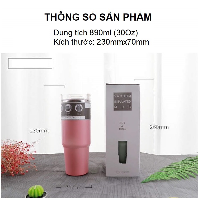 Ly giữ nhiệt 890ml nắp xoay 3 công dụng kèm ống hút nhựa tritan HC03