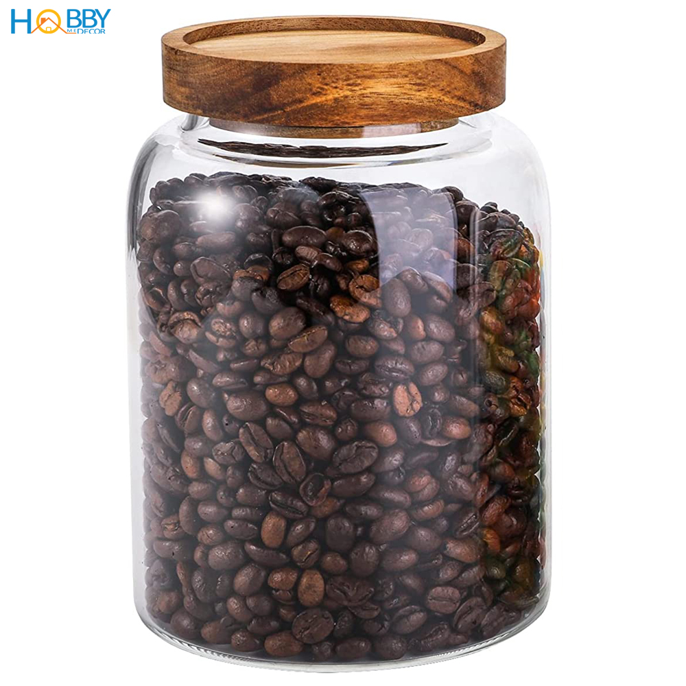 Hủ thủy tinh nắp gỗ cao cấp chuyên đựng hạt, gia vị HOBBY Home Decor HUNG1-1250ml - thủy tinh cao cấp nắp kín