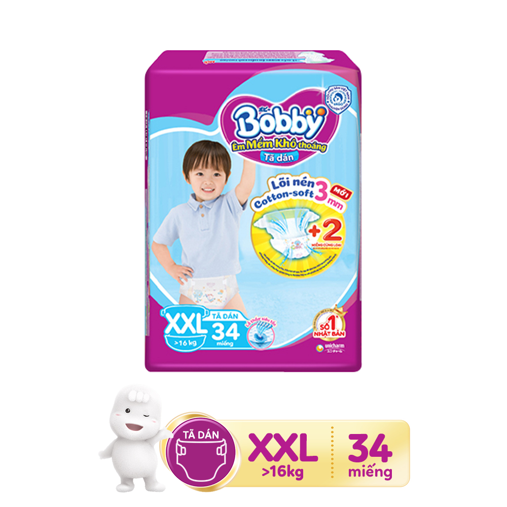 [Tặng kèm 2 miếng trong mỗi gói] Combo 2 Tã dán Bobby Siêu thấm XXL34 dành cho bé trên 16kg