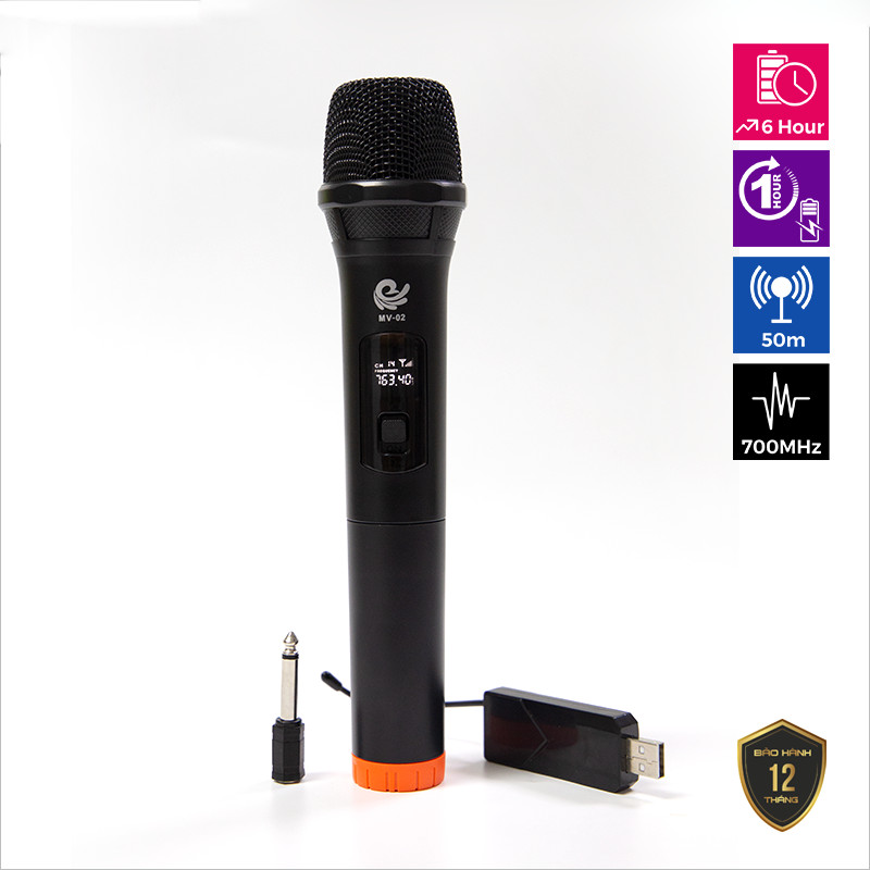 Bộ 1 Micro Karaoke Không Dây Model MV02 Siêu Hay - Kết Nối Xa Tới 35m - Chuyên Dùng Cho Loa Kéo Có Cổng USB + Cồng Micro - Hàng Nhập Khẩu