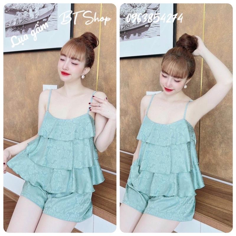 Đồ ngủ mặc nhà lụa gấm bèo tầng màu trơn freesize 42-57kg