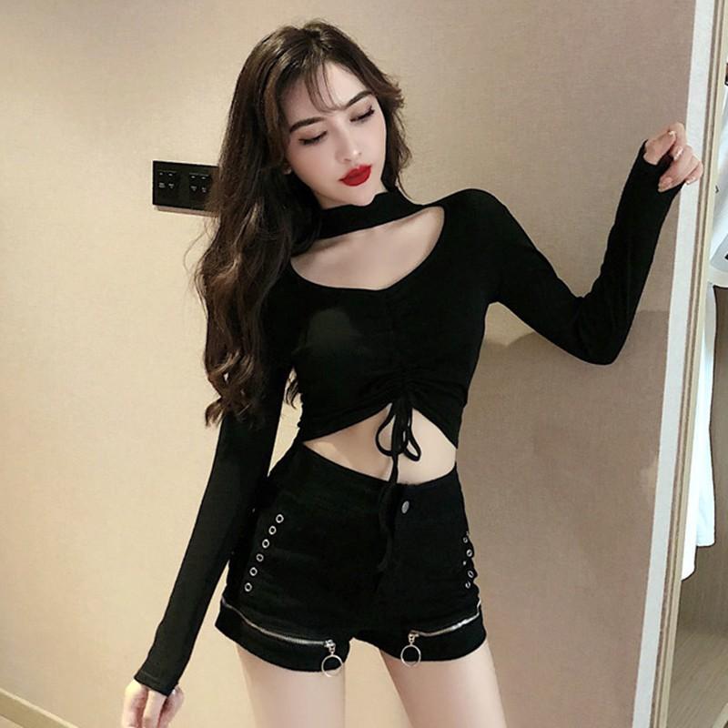 Áo thun nữ tay dài cổ chữ V phong cách Hàn Quốc